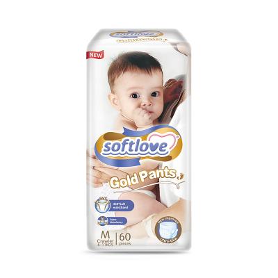 China Softlove M60 Gold Plain Weave Baby Pants Diaper Manufacturer Non Woven Fabric Printed High Quality Baby Diaper for sale