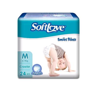 China Softlove Printed M 24' S Breathable Disposable Cloth Like Pamper Big Baby Diaper Pants for sale