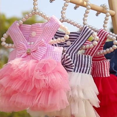 China New Spring Summer Dog Dress Suspender Mesh Skirt Stocked Striped Pet Dress Clothes For Small Dogs for sale