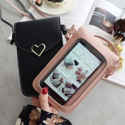 China 2021 New Anti-fall Transparent Touch Screen PU Leather Mobile Phone Bag With Heart Phone Case for sale