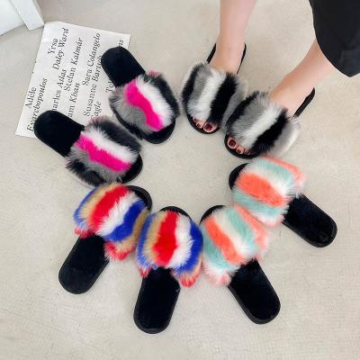 China Colorful Fluffy Furry Slippers Toe Slide Slipper For Women Open Toe Raccoon Fox Fur Fox Fur Slippers Fashion Trend Real for sale