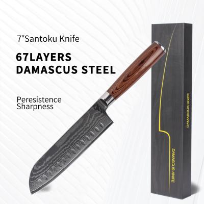 China Viable 7 Inch vg10 Damascus Professional Knife 67 Layers Pakka Wood Handle Damascus Steel Kitchen Santoku Knife for sale