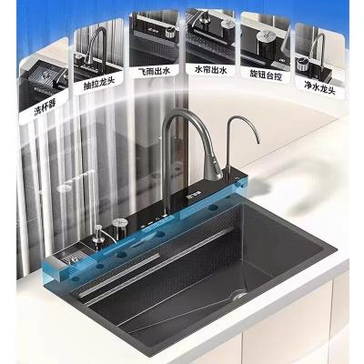 China With Faucet 2023 New OEM Customized Bowl Digital Kitchen SS Piano Key Waterfall Faucet Smart Single Steel Kitchen Sink With Glass Rinser for sale