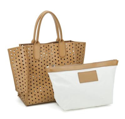 China Lady Perforated Synthetic Hollowed Style Women Leather Tote Bag With Inner Canvas Bag /two-in-one bag for sale