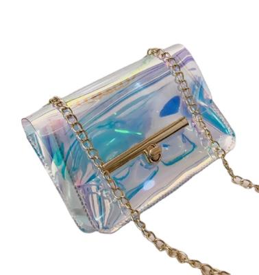 China Fashion Clear PVC Tote Bag Lady Holographic Jelly Purse High Quality Clear Plastic Handbag With Chain for sale