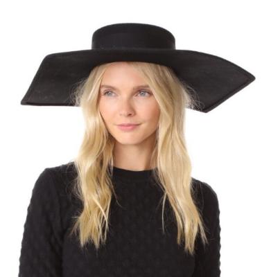 China Fashion Hand Made Black Wool Barred Flat Wide Brim Hexagon Felt Women Fedora Hat With Adjust Band for sale