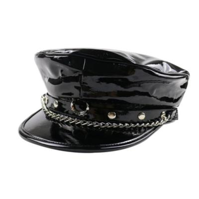 China Wholesale PU Striped Unisex Glossy Hat Black Patent Decoration Chain Fashion Uniform Hat for sale