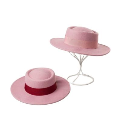 China Wholesale Round Striped 100% Women Fedora Hat Vegan Wide Brim Flat Top Wool Straw Hat With Ribbon for sale