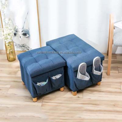 China Creative Adjustable (Size) New Factory Style Home Furniture Denim Folding Stool Storage Box Organizer With Foot Side Wooden Pockets for sale