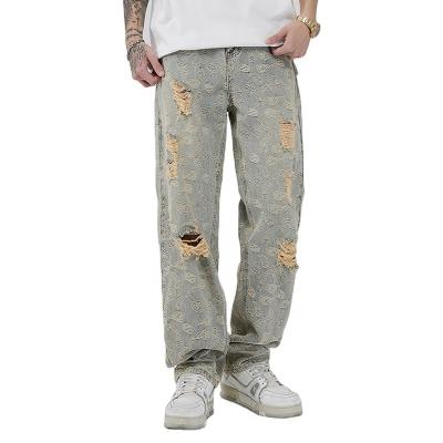 China New Hot Selling Trend Breathable Hip Hop Style Mens Jeans Loose Old Leg Cashew Straight Teardrop Flower Wide Leg Denim Men's Jeans for sale