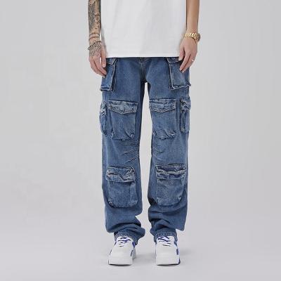 China High quality men's breathable jeans 2023 customized jeans retro multi pocket American washed loose wide leg pants men's jeans for sale