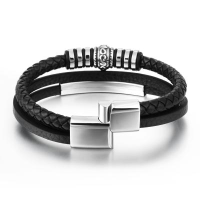 China CLASSIC Braided Leather Bracelet Men's Stainless Steel Rope Cowhide Bracelet for sale