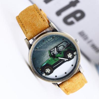 China 2016 Popular Alarm Vogue Ladies Dress Watch Jean Cloth Pasted PU Leather With Jeep Pattern Design Watch-face Quartz Women Watch for sale