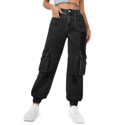 China Viable Manufacturers Fashion Waist Custom Made Zipper Ripped Flap Pocket Denim Joggers Women Casual Black Cargo Pants High for sale