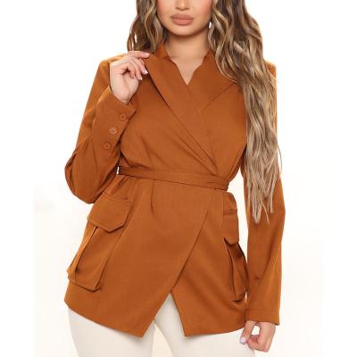 China New Arrival Clothing Spring Long Sleeve Tie Waist Pockets Elegant High Quality Anti-Shrink Cargo Pockets Custom Casual Women's Blouses for sale