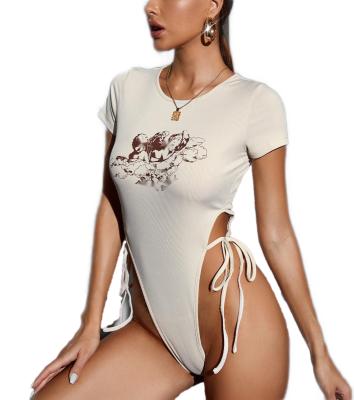 China New Summer Breathable Branded Tops Good Quality Print Logo High Cut Out Spandex Custom Made One Piece Jumpsuit Women for sale