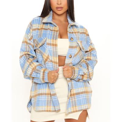 China Spring Autumn Apparel Anti Shrink Custom Plaid Printed Chest Pockets Shirt Fashionable Jacket Long Sleeves Turn Down Neck Women Casual Coat for sale