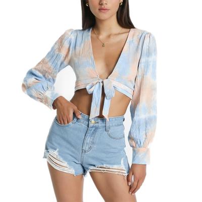 China Breathable Spring Summer Apparel Designers Lady New Arrivals Women Elegant Blouse Tops Casual Long Sleeves Tie Dye Crop Tops for sale