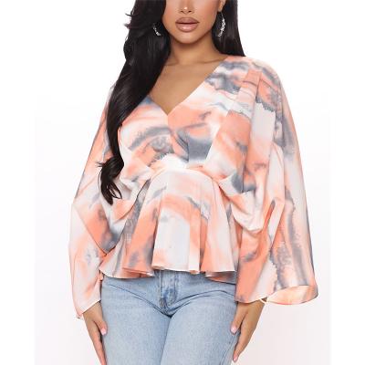 China High Quality 100% Anti-Shrink Polyester Apparel Spring Autumn Long Bell Sleeves V-neck Chiffon Tie Dye Women's Tops And Blouses Custom Made for sale