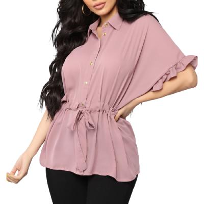 China Newest Fashion Spring Design 100% High Quality Anti-Shrink Polyester Apparel Long Ruffle Sleeves Solid Custom Casual Women Blouse Tops for sale