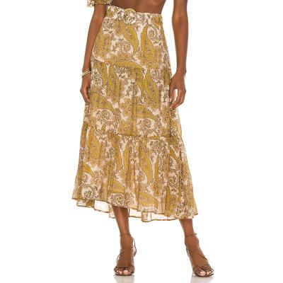 China Anti-Static Beach Wear For Women Ladies Midi Skirt Women Bohemian Dress Vintage Paisley Printed Chiffon Belted A Line Flare Midi Skirt for sale