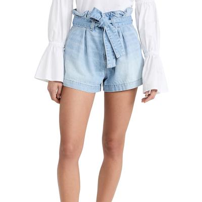 China Summer Viable Casual Women's Fashion Shorts Light Blue Paper Bag Pleated Waist Tie Waist Cotton Denim Shorts for sale