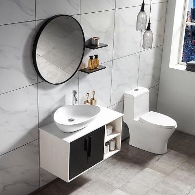 China Black Waterproof Plywood Bathroom Vanity Vanity Furniture With Round Led Mirror for sale