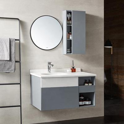 China Gray Blue Wood Waterproof Bathroom Vanity With Black Framed Mirror for sale