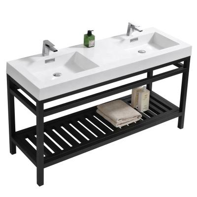 China Waterproof Floor Mount Black Metal Framed Double Sink Resin Basin Bathroom Vanity for sale