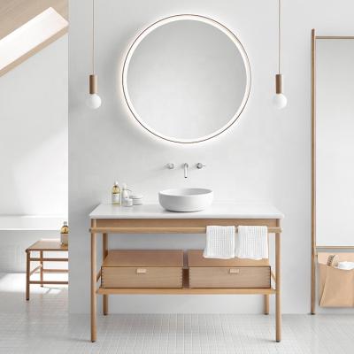 China Water Proof Solid Wood Hotel Project Floor Mount Bathroom Vanity With Led Mirror for sale