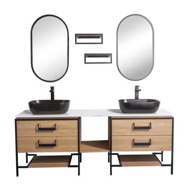 China Modern Floor Standing Metal Framed Plywood Double Vanity Sink Bathroom for sale