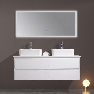 China Waterproof Commercial Bathroom Double Sink Solid Surface Top White Bathroom Vanity Cabinets for sale