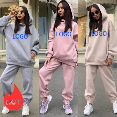 China Breathable Stylish Female Two Piece Set Fleece Casual Long Sleeve Hoodie Solid Color Sweatshirts Jogging Pants Fits Loose Women Tracksuit for sale