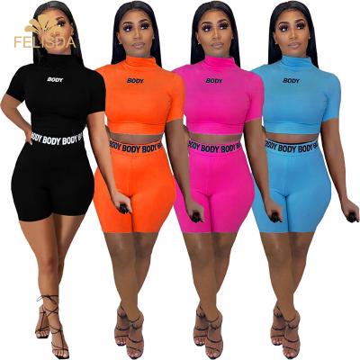 China Anti-Wrinkle Tights Womens 2pc Sports Set Print Sheath Elastic Slim Fit Short Sleeve Full Bodycon Shorts Pants Two Piece Set for sale