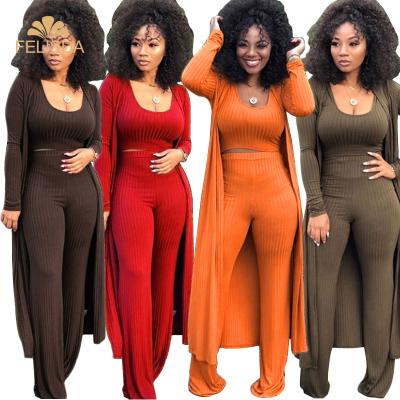 China Anti-wrinkle Women Casual Pant Suits Crop Top Tank Loose Wide Leg Pants Long Sleeve Coat Skinny Bodycon 3PCS Sets Female Three Piece Sets for sale