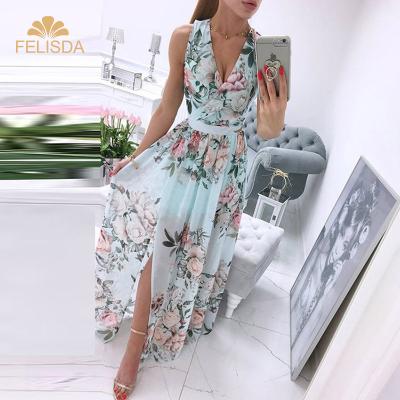 China Elegant Women Chiffon Deep Slit Anti-Static Floral Print Maxi Party Dress Vestido Vintage Beach V-neck Long Summer Dresses for sale