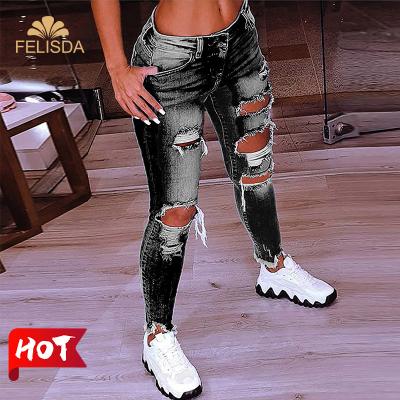 China Brand QUICK DRY fashion ripped hole full length pants pencil pants blue low waist jeans women skinny jeans for sale