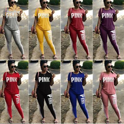 China Anti-Wrinkle Pink Letter Print Sweatsuit Women Set Plus Size Set Short Sleeve Tops Casual 2 Piece Set Skinny Two Piece Autumn Panty Tracksuit for sale