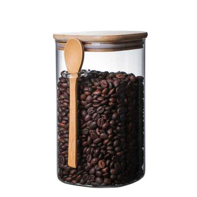 China Japanese Style 800ml 1000ml 1200ml Tea Beans Food Storage Glass Jar Viable Square Containers With Lid And Bamboo Spoon for sale