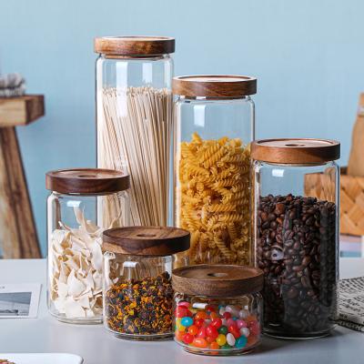 China Sustainable Acacia Wood Lid Round Shape Food Storage Glass Jar 300ml 500ml 750ml 1000ml 1350ml 1550ml for sale