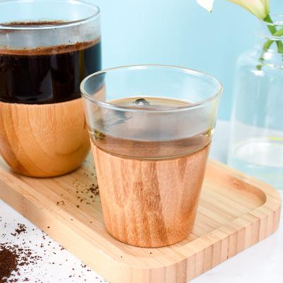 China 200ml 450ml High Borosilicate Handmade Viable Espresso Double Wall Glass Coffee Mugs With Cover Bamboo Bottom for sale