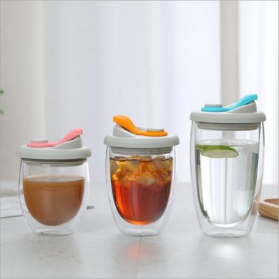 China Silicone Viable Reusable Healthy Lid Double Wall Insulated Egg Glass Coffee Mug 250ml 350ml 450ml for sale