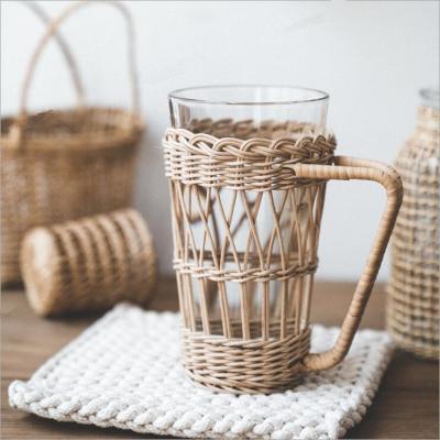 China Viable Ins Style Rattan Weave Rack Tea Juice Coffee Glass Cup Coffee Cup With Handle High Quality Christmas Gift for sale