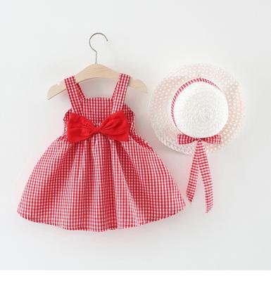 China Breathable Kids Clothes Plaid Printing Bow Sling Dress and Bow Straw Hat Two Piece Set for Babies for sale