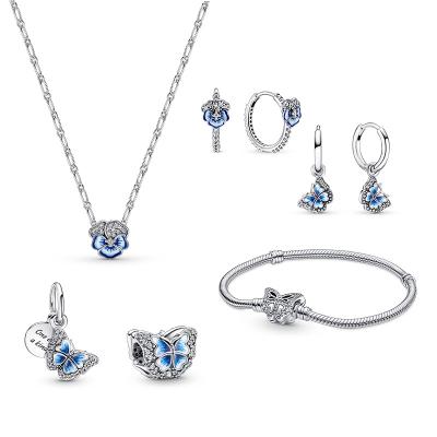 China New TRENDY Butterfly Blue Suits Popular Beaded Charm Pendant Necklace DIY925 Sterling Silver Jewelry Set for sale