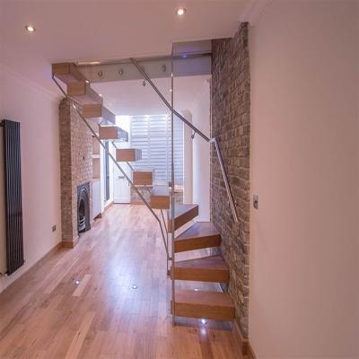 China Modern Design Staircase with Floating Treads in Wooden Floating Staircase and Structural Glass Railings Mono Beam for sale