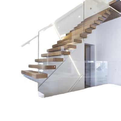 China Modern Kind Glass Balustrade Apartment Wooden Staircase Floating Straight Staircase for sale