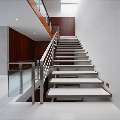 China Factory modern hot-selling straight stair wood treads floating stair with wood tread and glass enclosure prefabricated stairs for sale