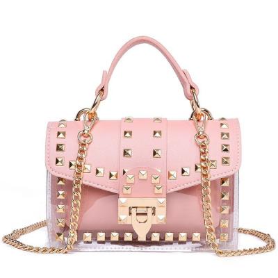 China Fashion Multifunctional Messenger Bag Chain Female Rivets Clear Square PVC Jelly Bag Shoulder Bag Transparent Handbag for sale