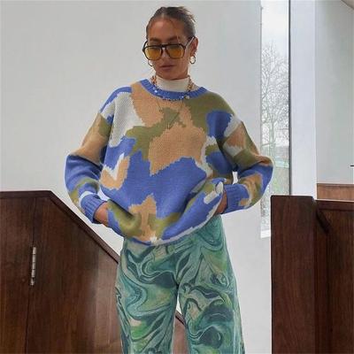 China Anti-wrinkle long sleeve 2022 export fashionable second-hand oversized sweater knitted woman leopard women's crop sweater women sweaters for sale